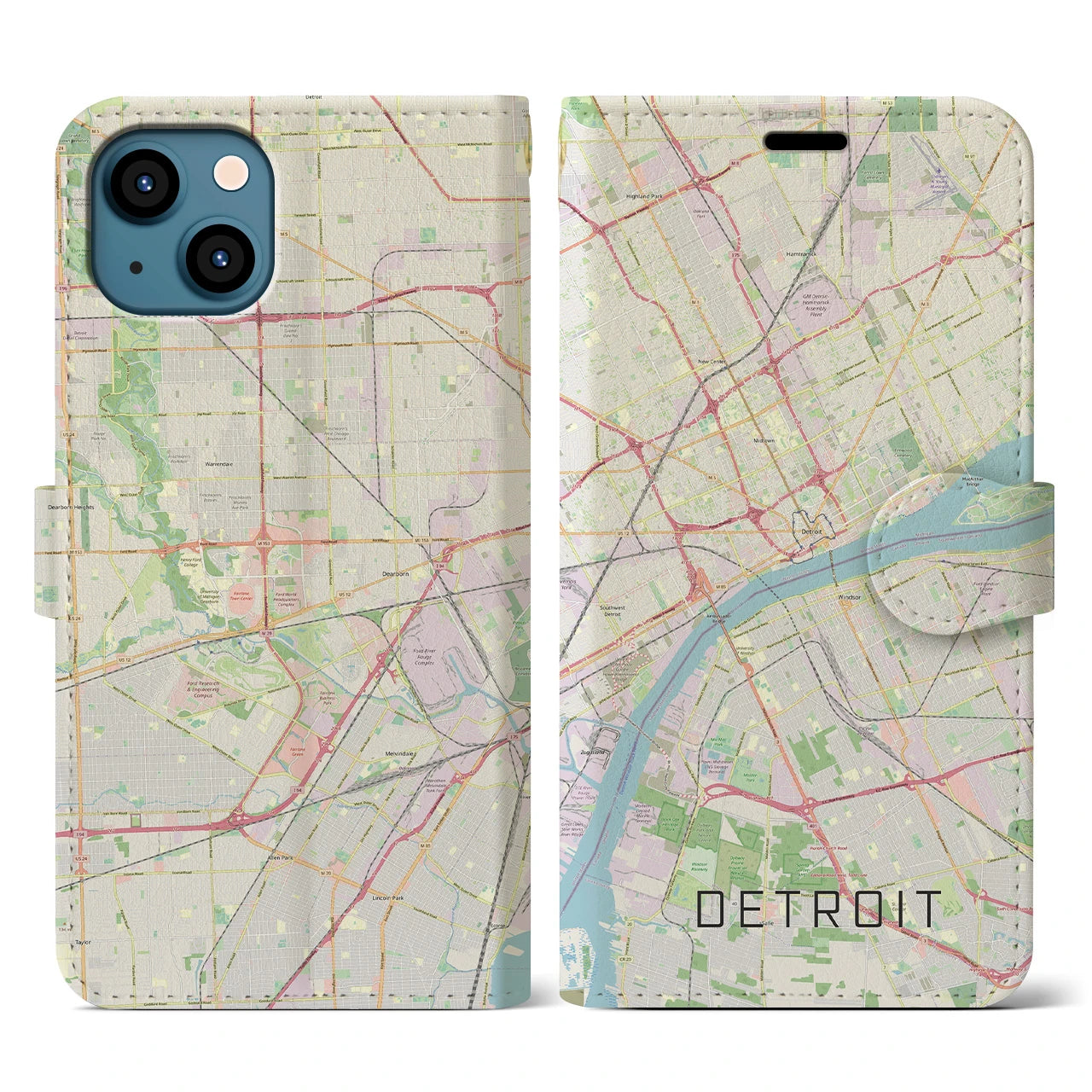 【デトロイト】地図柄iPhoneケース（手帳両面タイプ・ナチュラル）iPhone 13 用