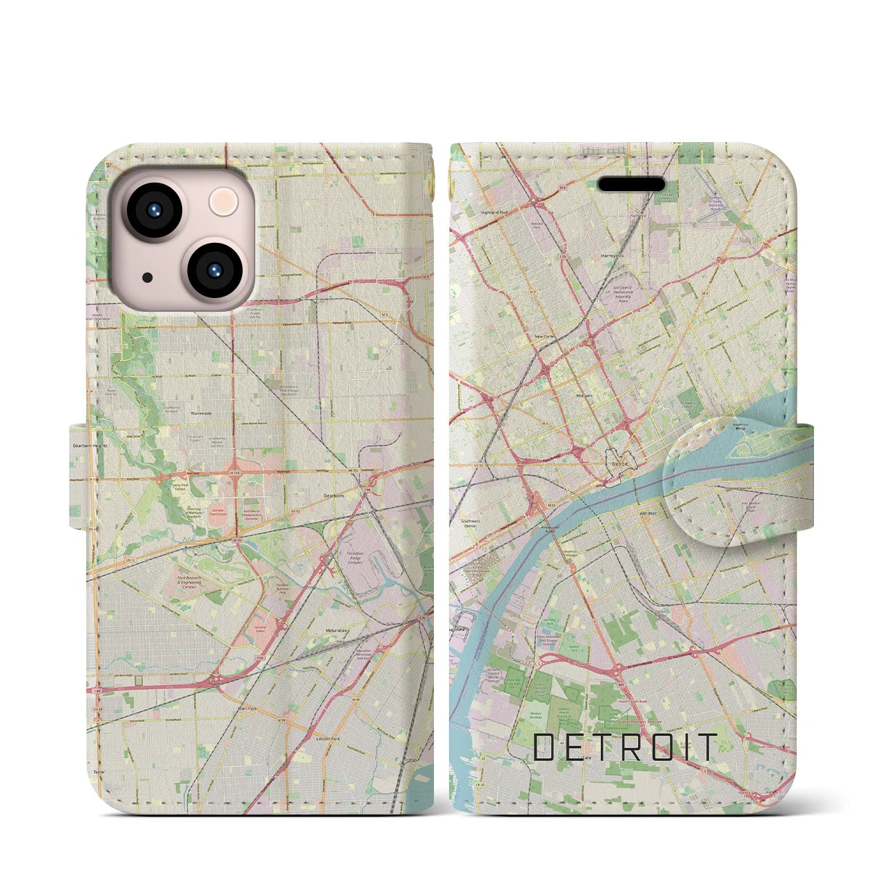 【デトロイト】地図柄iPhoneケース（手帳両面タイプ・ナチュラル）iPhone 13 mini 用