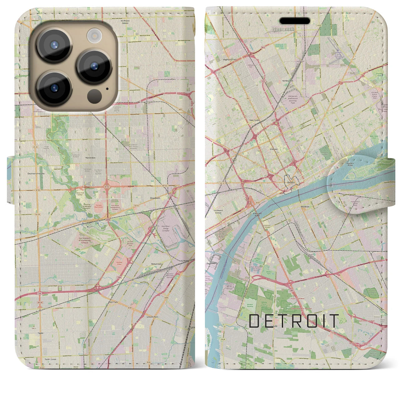 【デトロイト】地図柄iPhoneケース（手帳両面タイプ・ナチュラル）iPhone 14 Pro Max 用