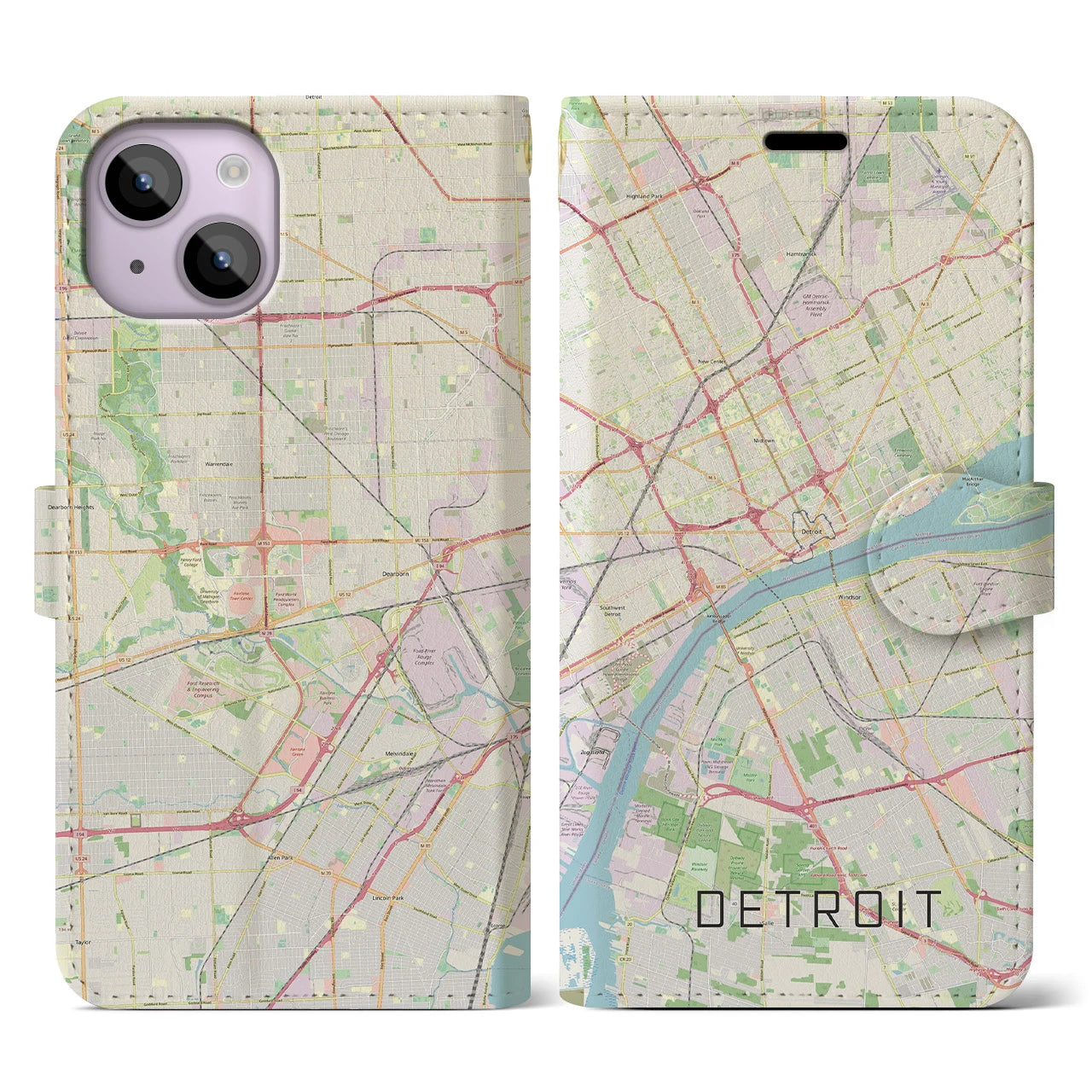 【デトロイト】地図柄iPhoneケース（手帳両面タイプ・ナチュラル）iPhone 14 用
