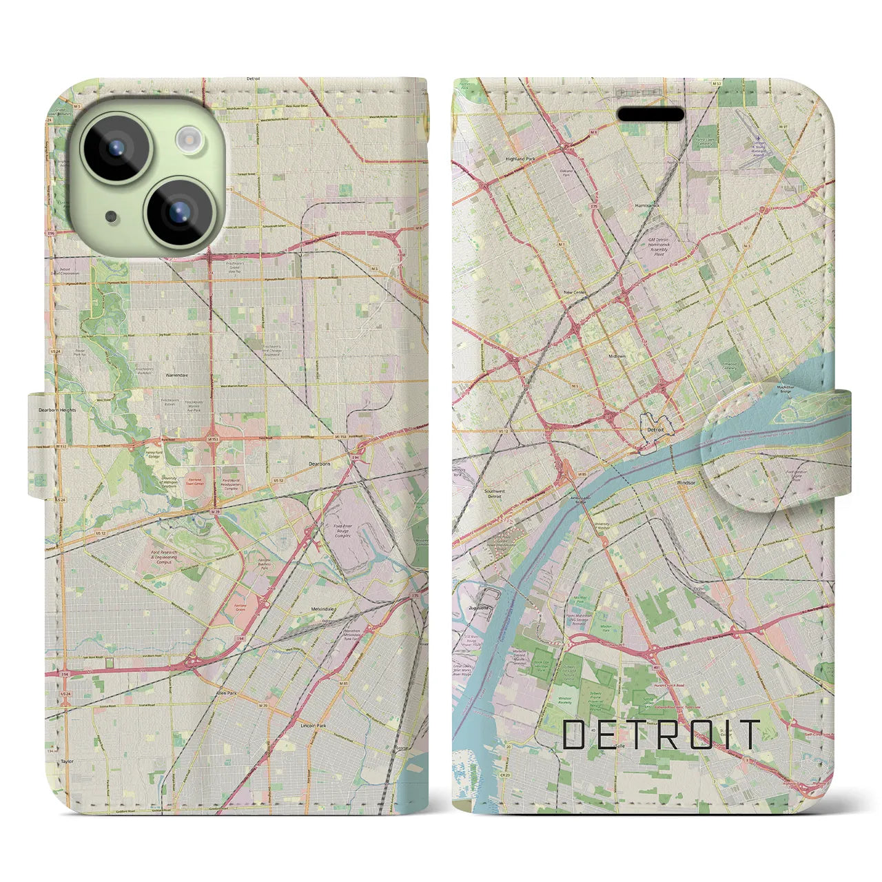 【デトロイト】地図柄iPhoneケース（手帳両面タイプ・ナチュラル）iPhone 15 用