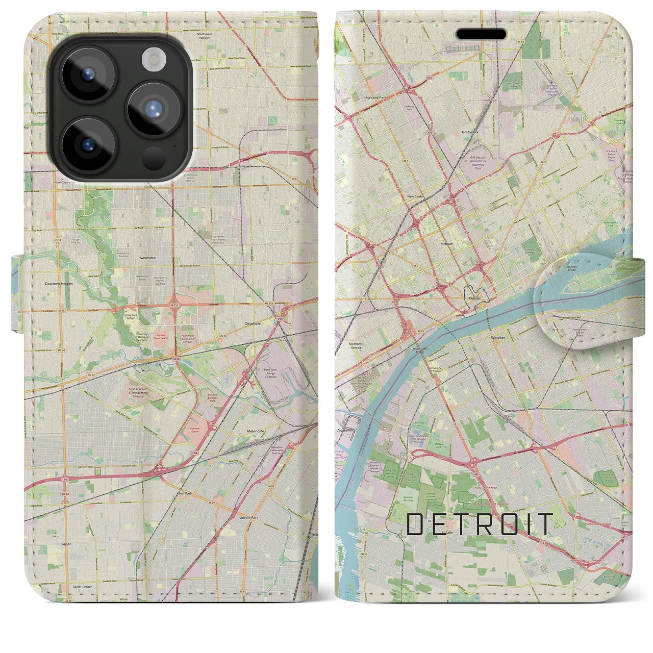 【デトロイト】地図柄iPhoneケース（手帳両面タイプ・ナチュラル）iPhone 15 Pro Max 用