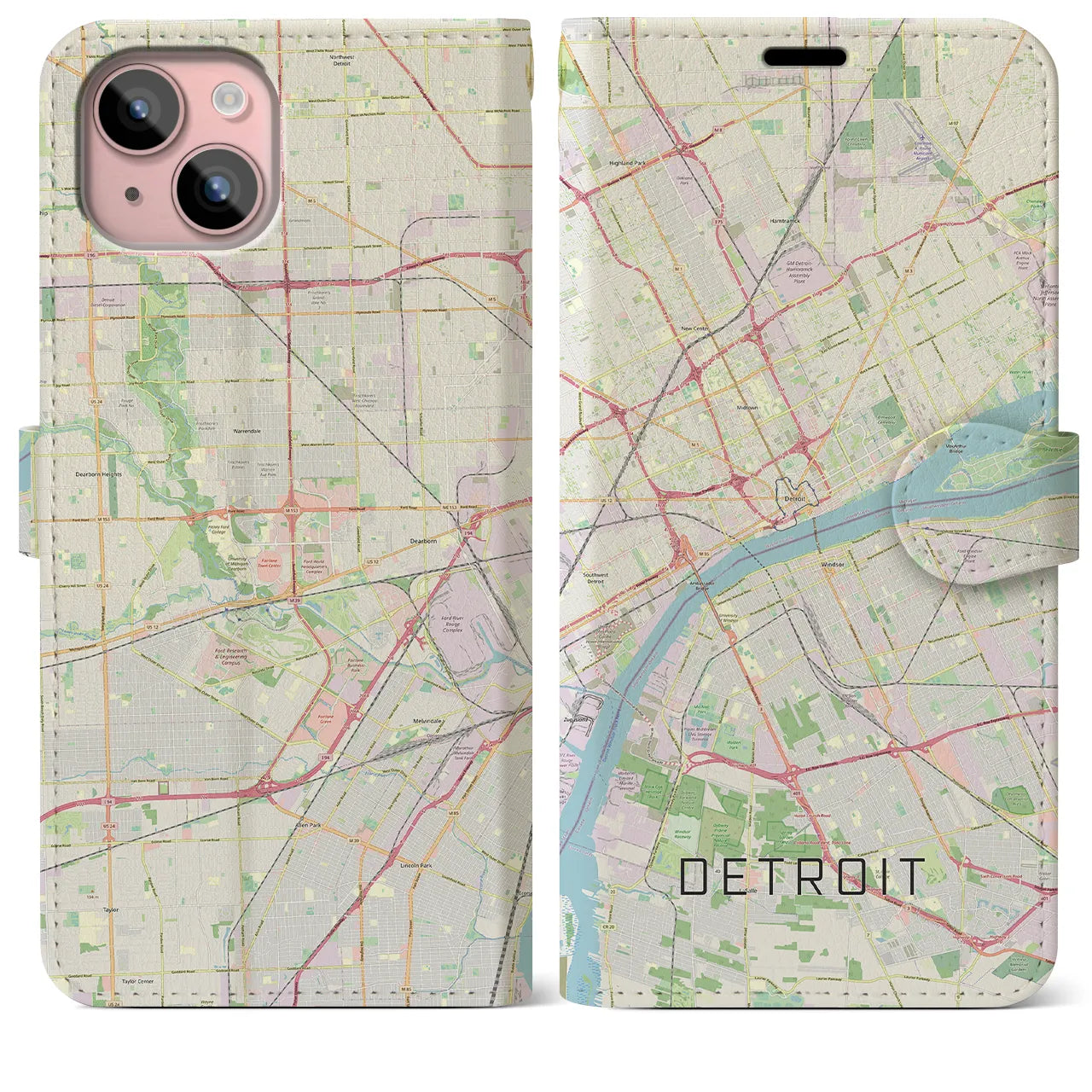 【デトロイト】地図柄iPhoneケース（手帳両面タイプ・ナチュラル）iPhone 15 Plus 用