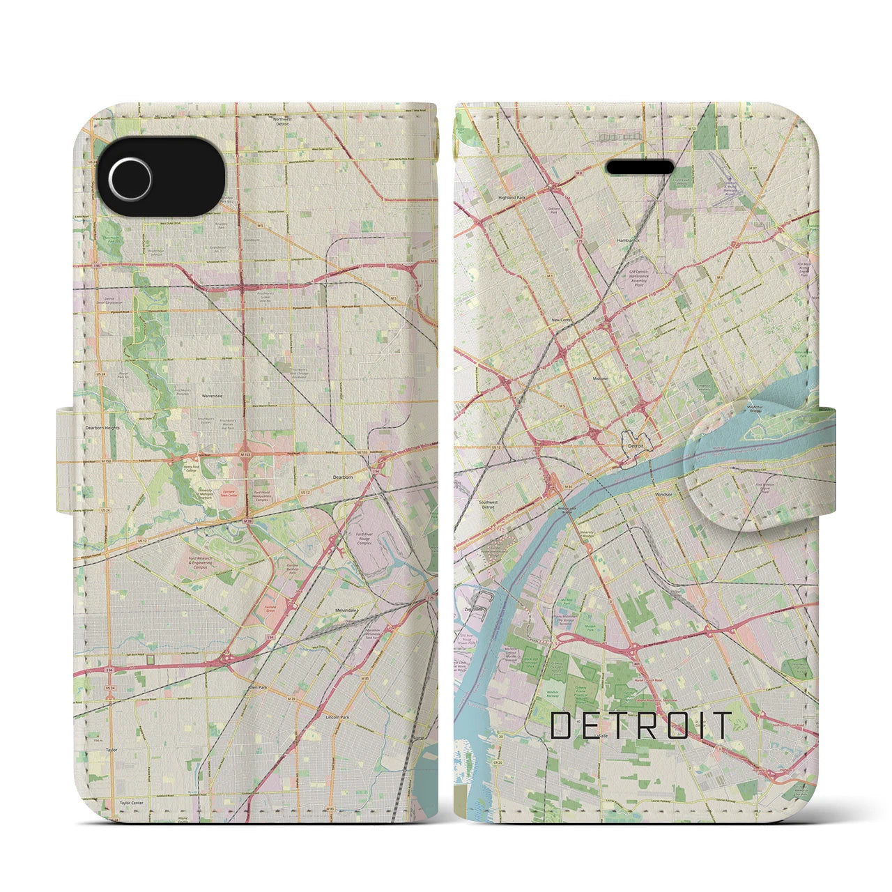【デトロイト】地図柄iPhoneケース（手帳両面タイプ・ナチュラル）iPhone SE（第3 / 第2世代） / 8 / 7 / 6s / 6 用