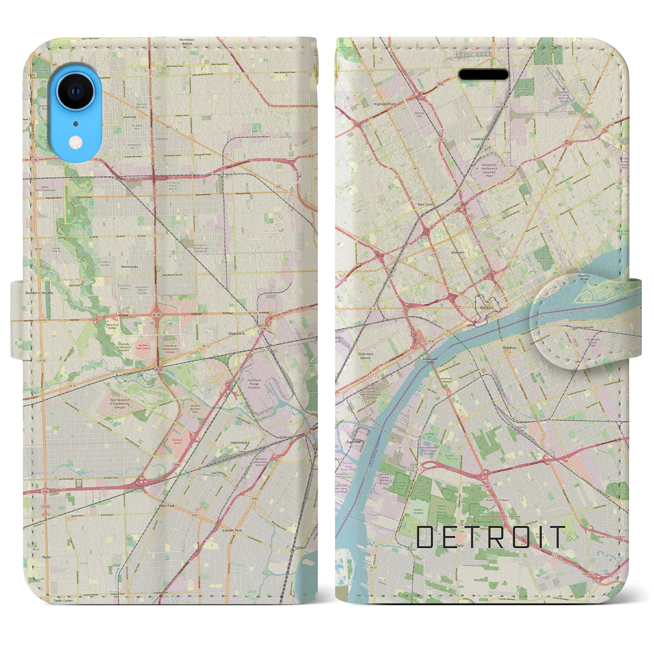 【デトロイト】地図柄iPhoneケース（手帳両面タイプ・ナチュラル）iPhone XR 用