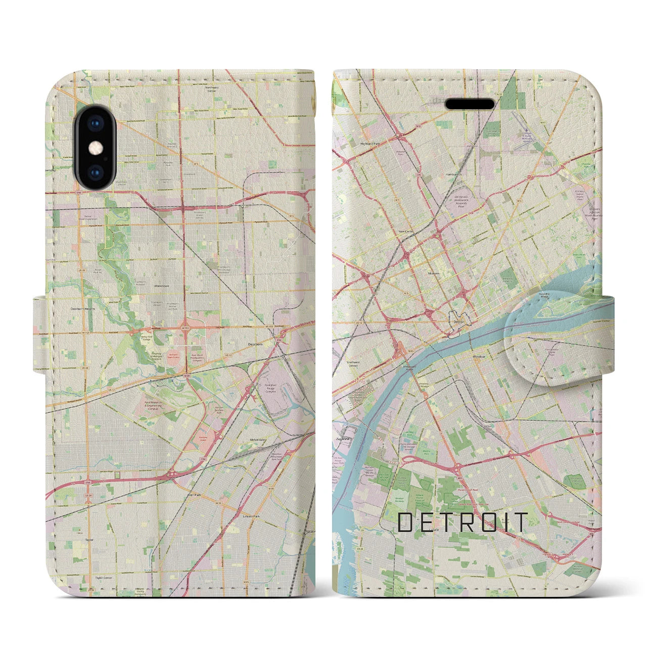 【デトロイト】地図柄iPhoneケース（手帳両面タイプ・ナチュラル）iPhone XS / X 用