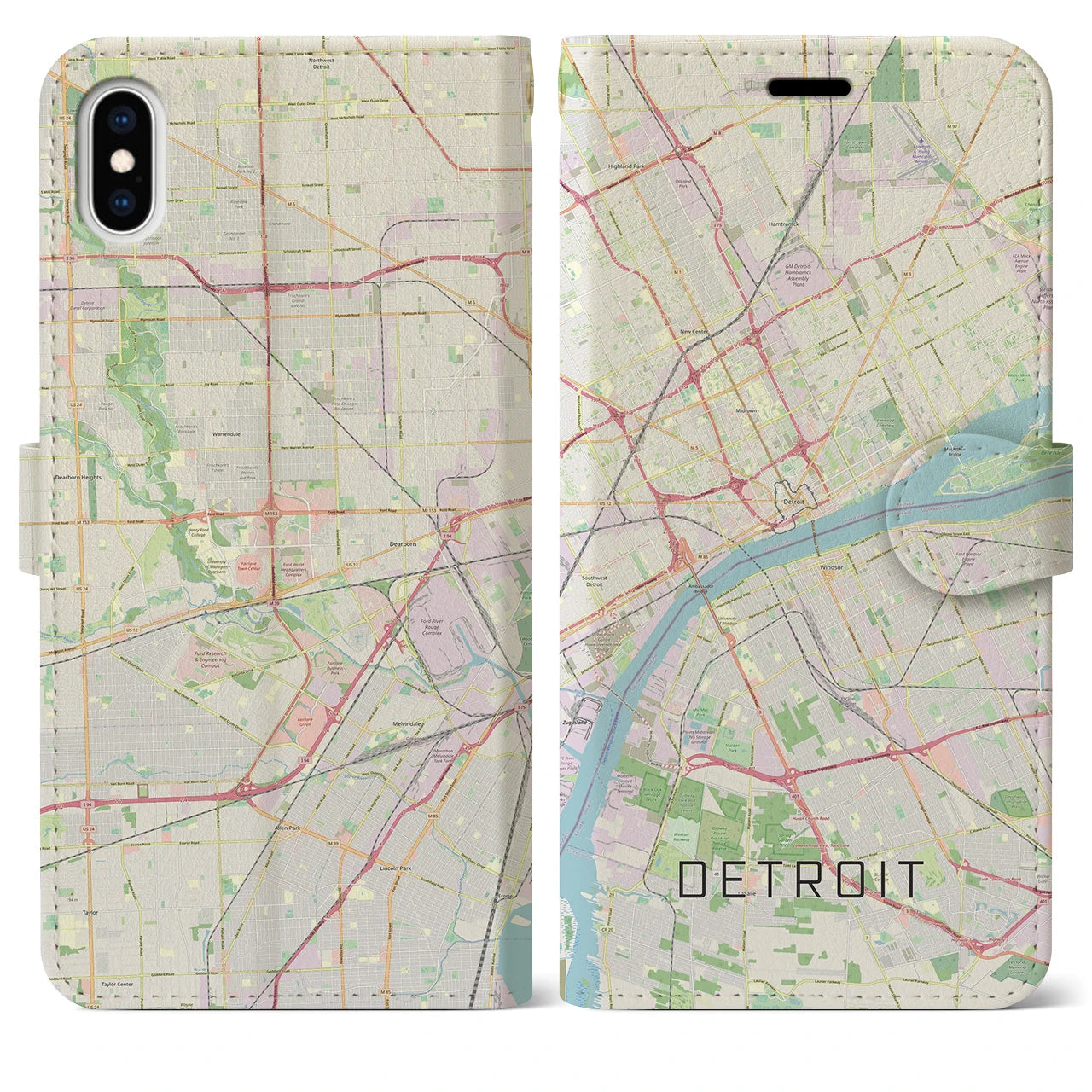 【デトロイト】地図柄iPhoneケース（手帳両面タイプ・ナチュラル）iPhone XS Max 用