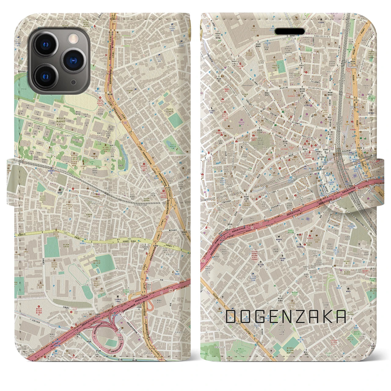 【道玄坂】地図柄iPhoneケース（手帳両面タイプ・ナチュラル）iPhone 11 Pro Max 用