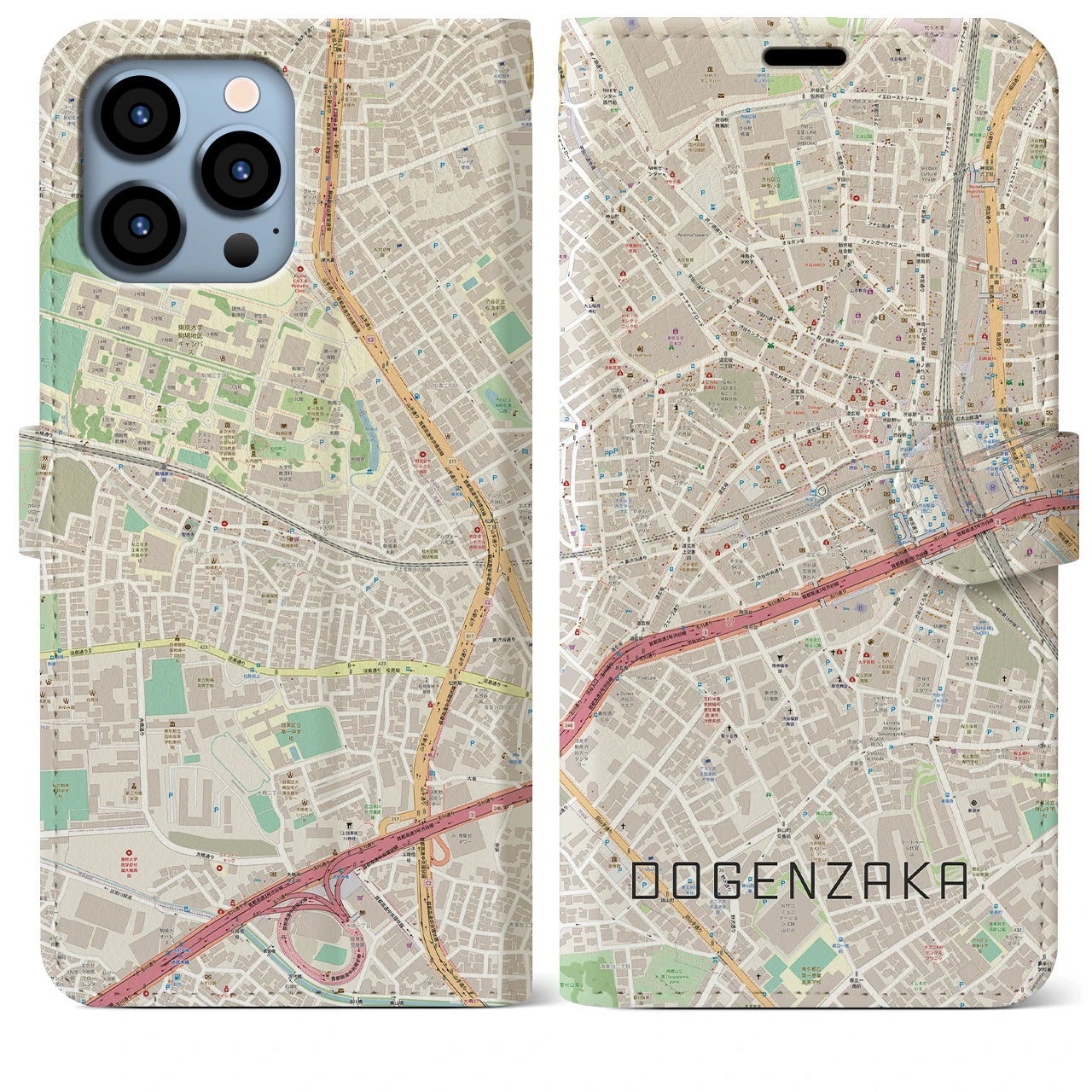 【道玄坂】地図柄iPhoneケース（手帳両面タイプ・ナチュラル）iPhone 13 Pro Max 用