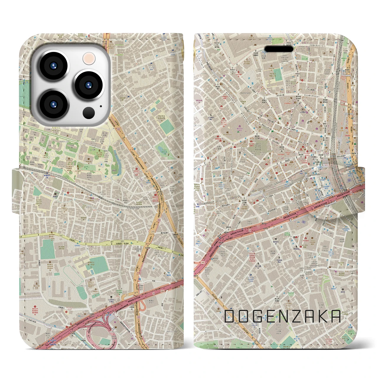 【道玄坂】地図柄iPhoneケース（手帳両面タイプ・ナチュラル）iPhone 13 Pro 用