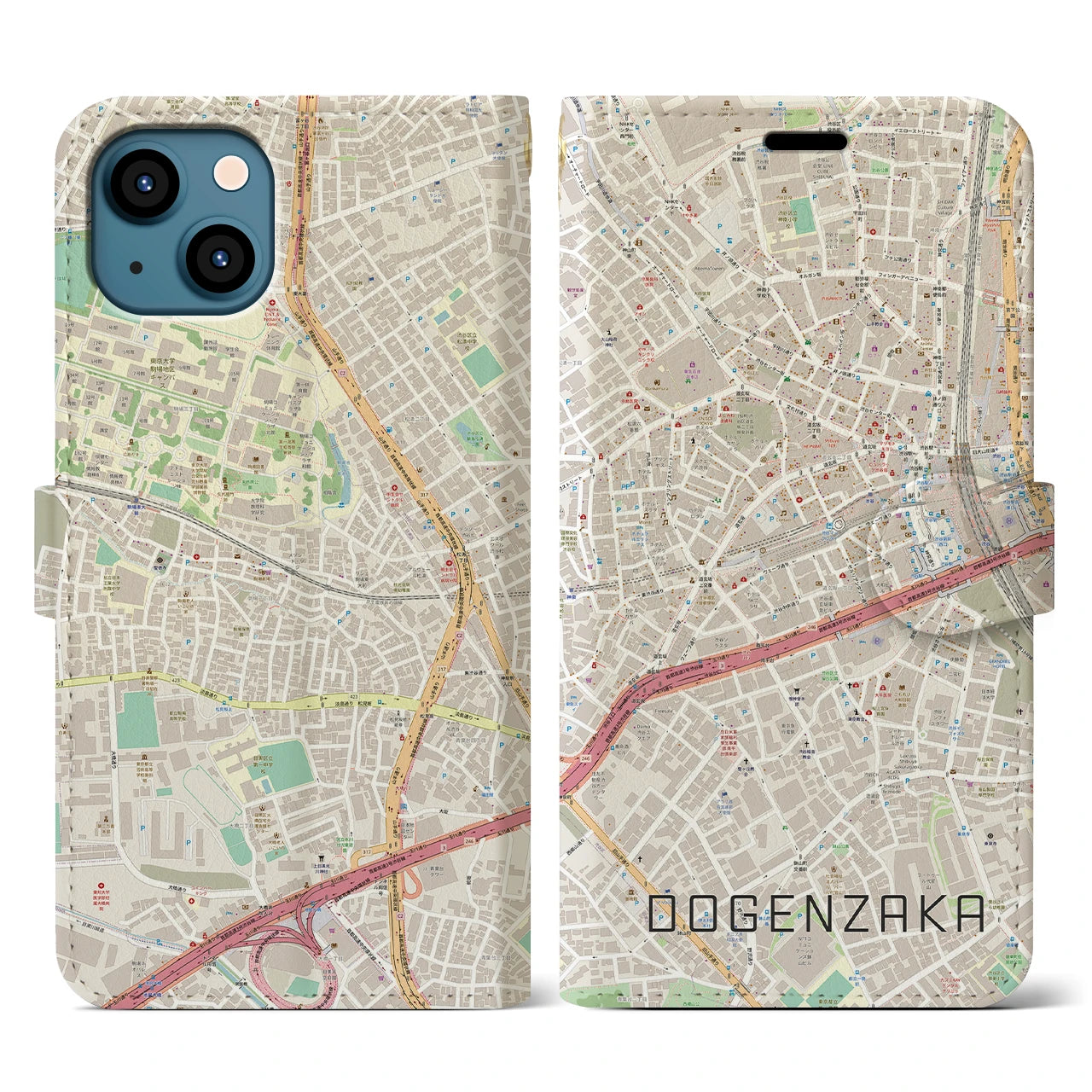 【道玄坂】地図柄iPhoneケース（手帳両面タイプ・ナチュラル）iPhone 13 用