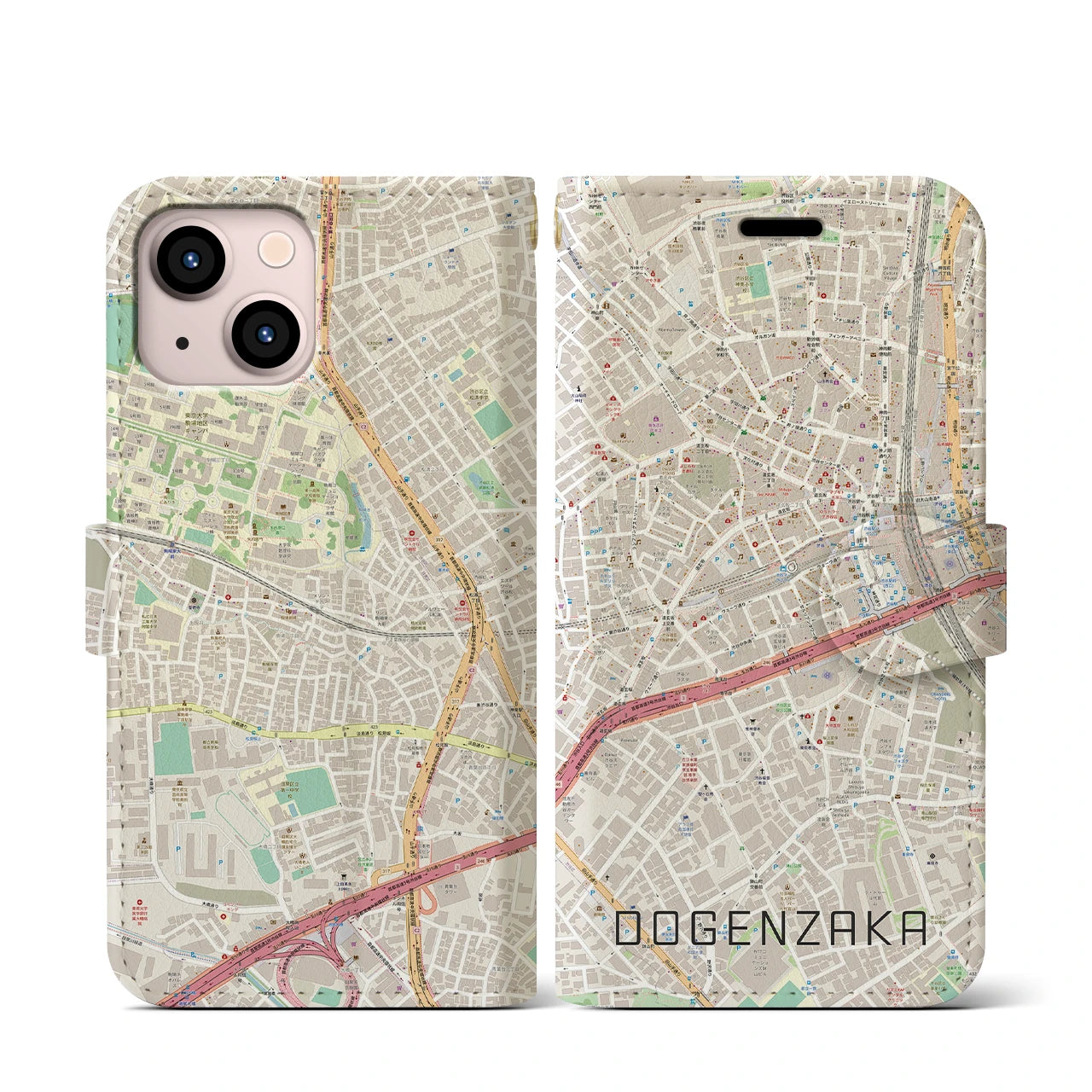【道玄坂】地図柄iPhoneケース（手帳両面タイプ・ナチュラル）iPhone 13 mini 用