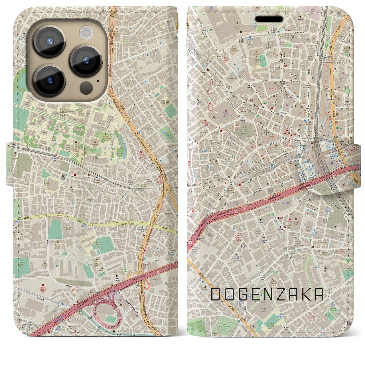 【道玄坂】地図柄iPhoneケース（手帳両面タイプ・ナチュラル）iPhone 14 Pro Max 用