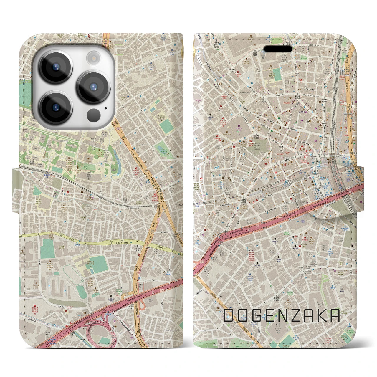 【道玄坂】地図柄iPhoneケース（手帳両面タイプ・ナチュラル）iPhone 14 Pro 用