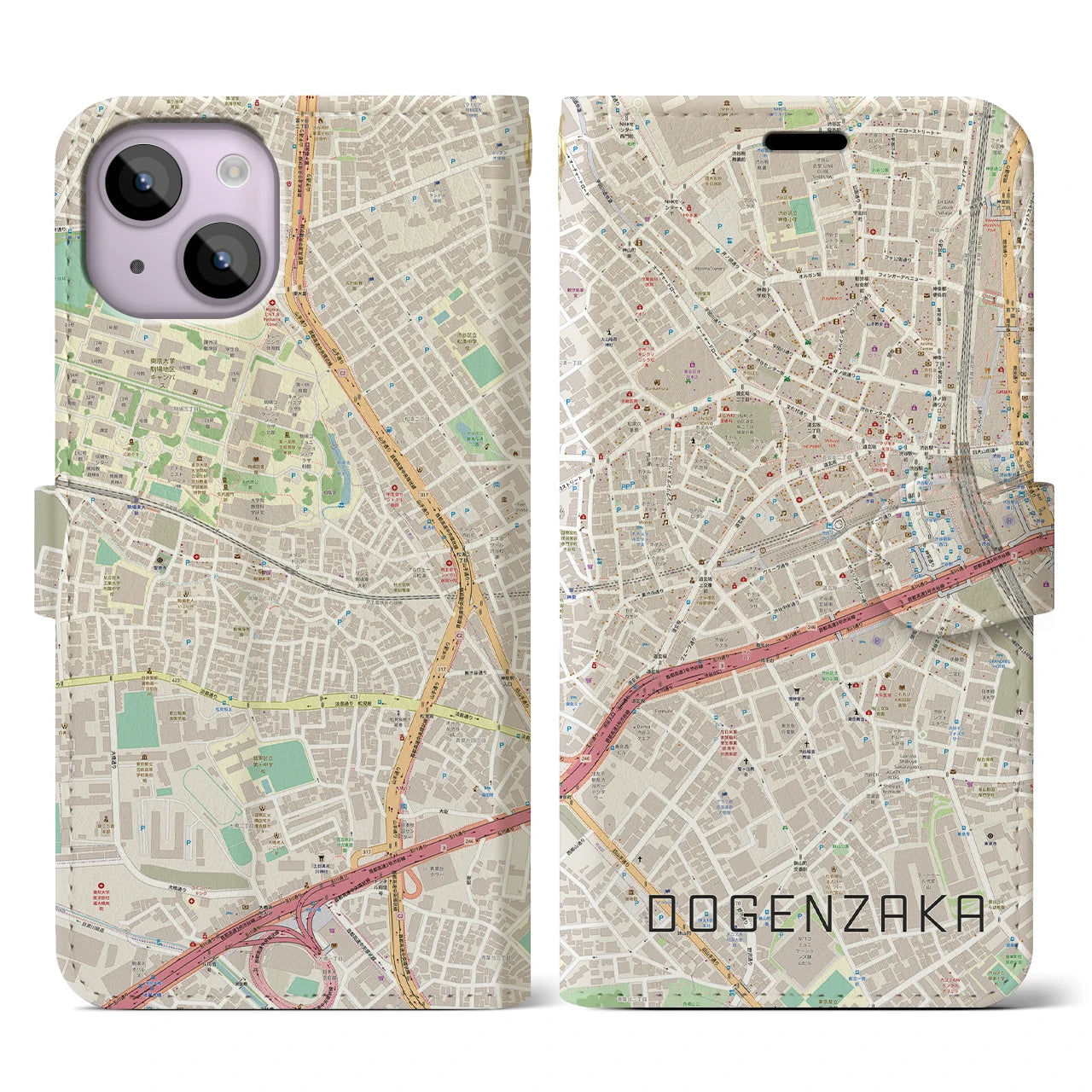 【道玄坂】地図柄iPhoneケース（手帳両面タイプ・ナチュラル）iPhone 14 用