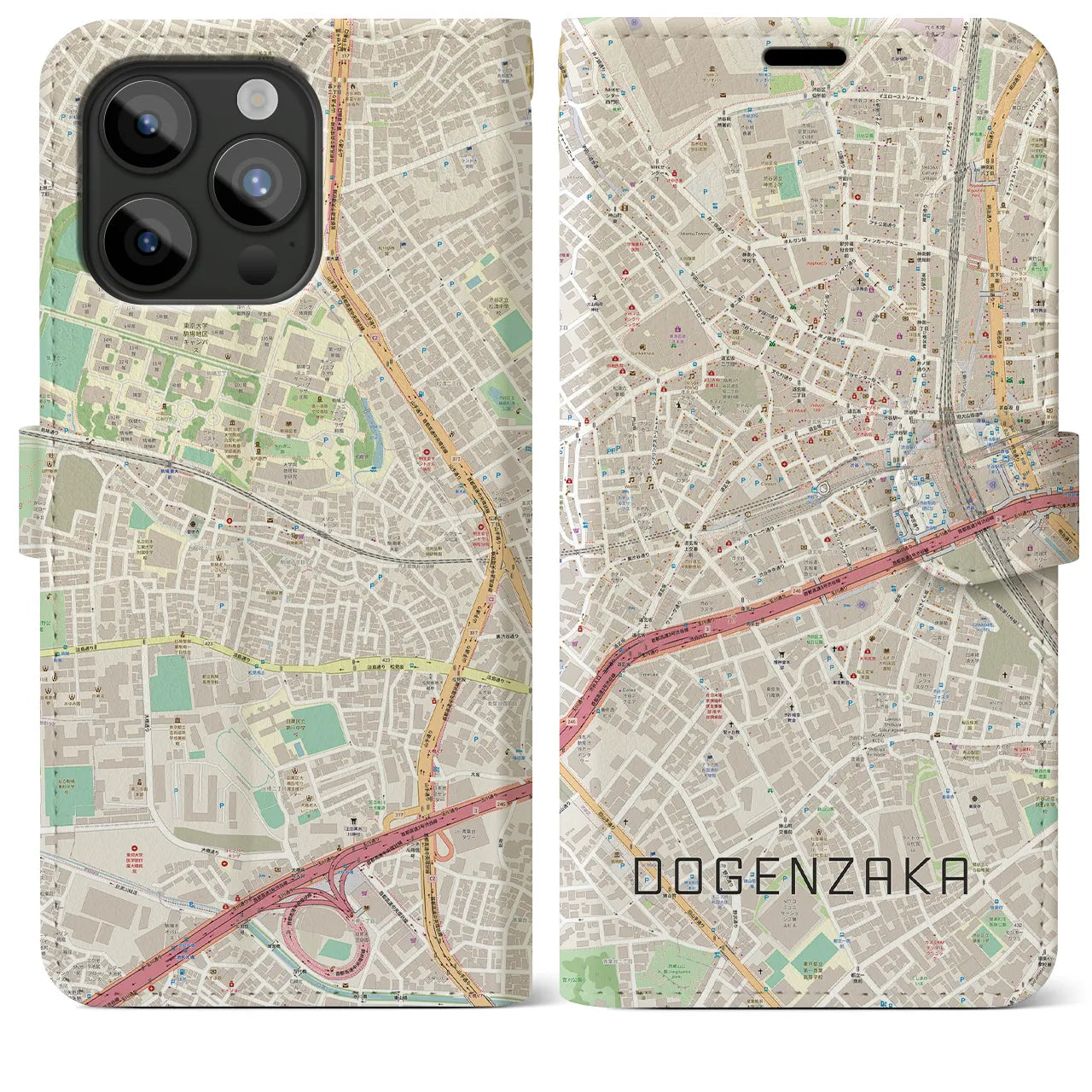 【道玄坂】地図柄iPhoneケース（手帳両面タイプ・ナチュラル）iPhone 15 Pro Max 用