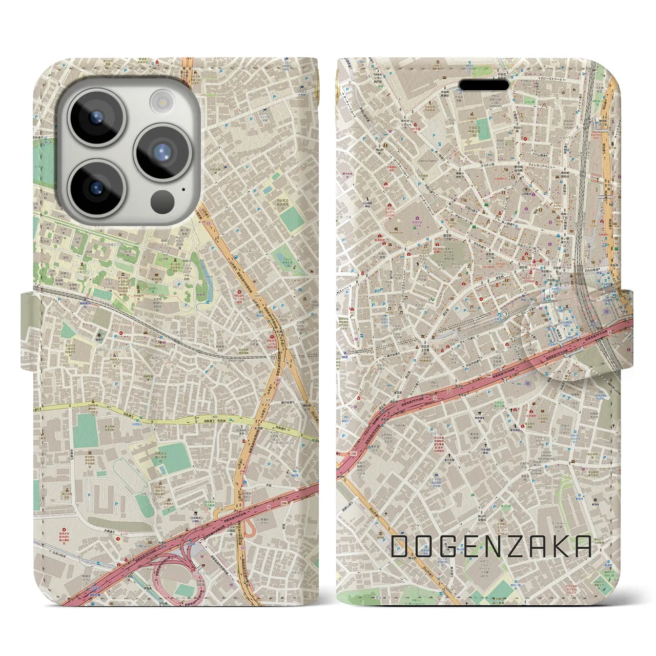 【道玄坂】地図柄iPhoneケース（手帳両面タイプ・ナチュラル）iPhone 15 Pro 用