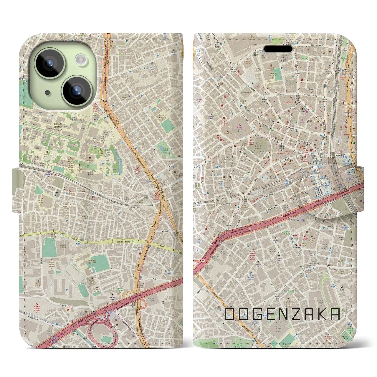 【道玄坂】地図柄iPhoneケース（手帳両面タイプ・ナチュラル）iPhone 15 用