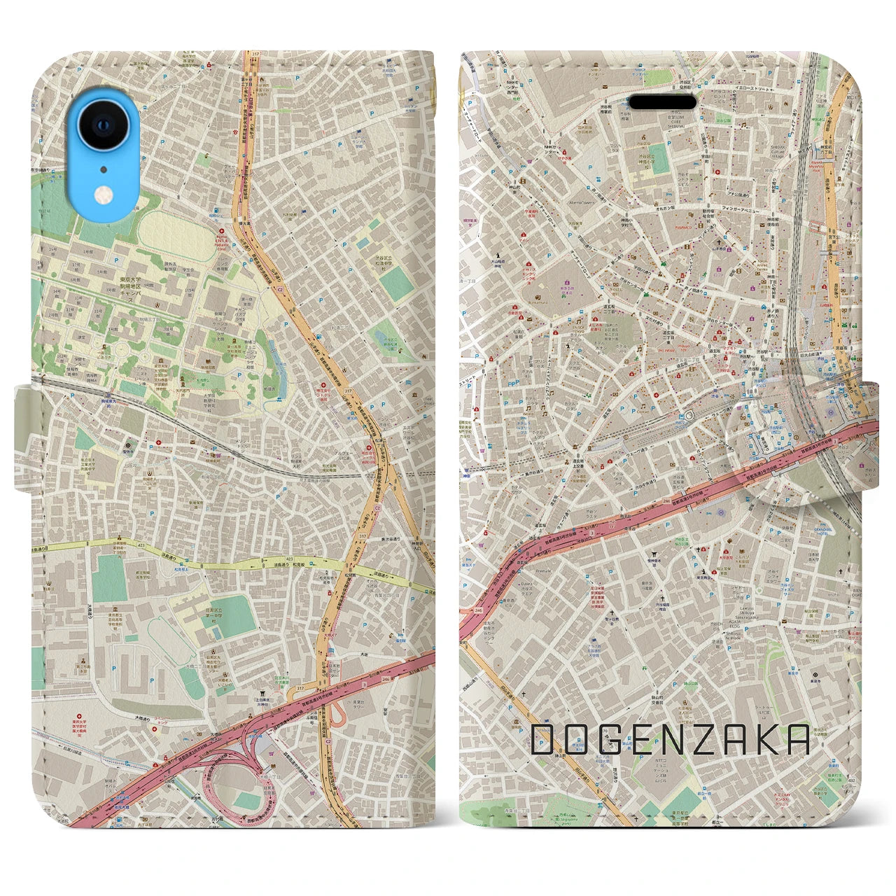 【道玄坂】地図柄iPhoneケース（手帳両面タイプ・ナチュラル）iPhone XR 用
