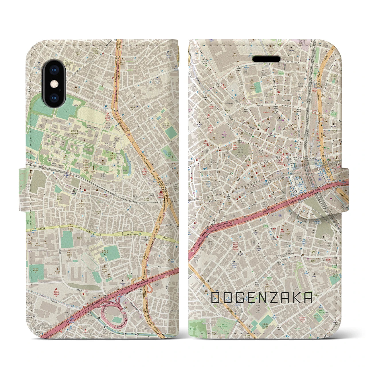 【道玄坂】地図柄iPhoneケース（手帳両面タイプ・ナチュラル）iPhone XS / X 用