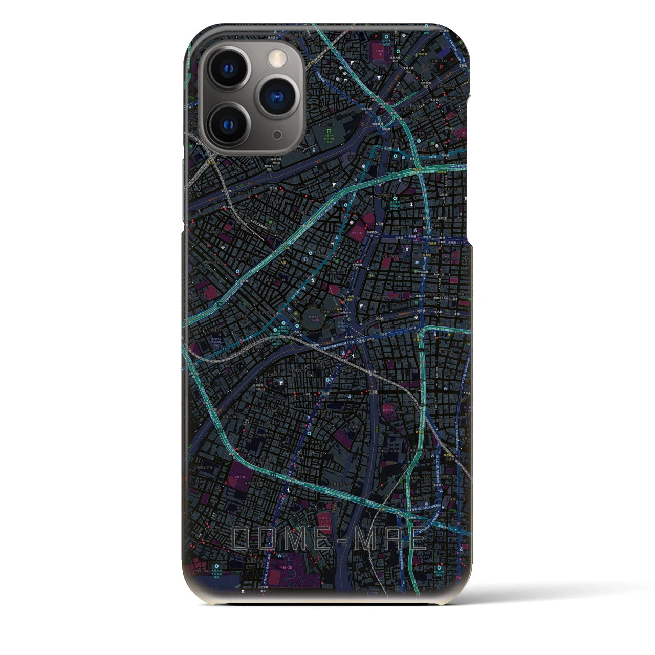 【ドーム前】地図柄iPhoneケース（バックカバータイプ・ブラック）iPhone 11 Pro Max 用