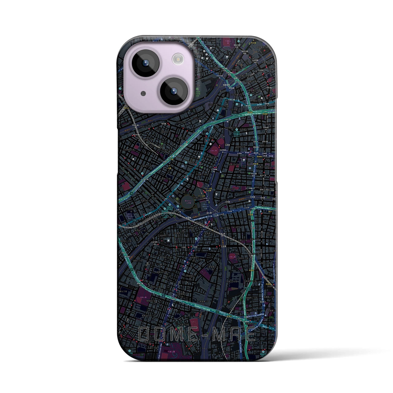 【ドーム前】地図柄iPhoneケース（バックカバータイプ・ブラック）iPhone 14 用