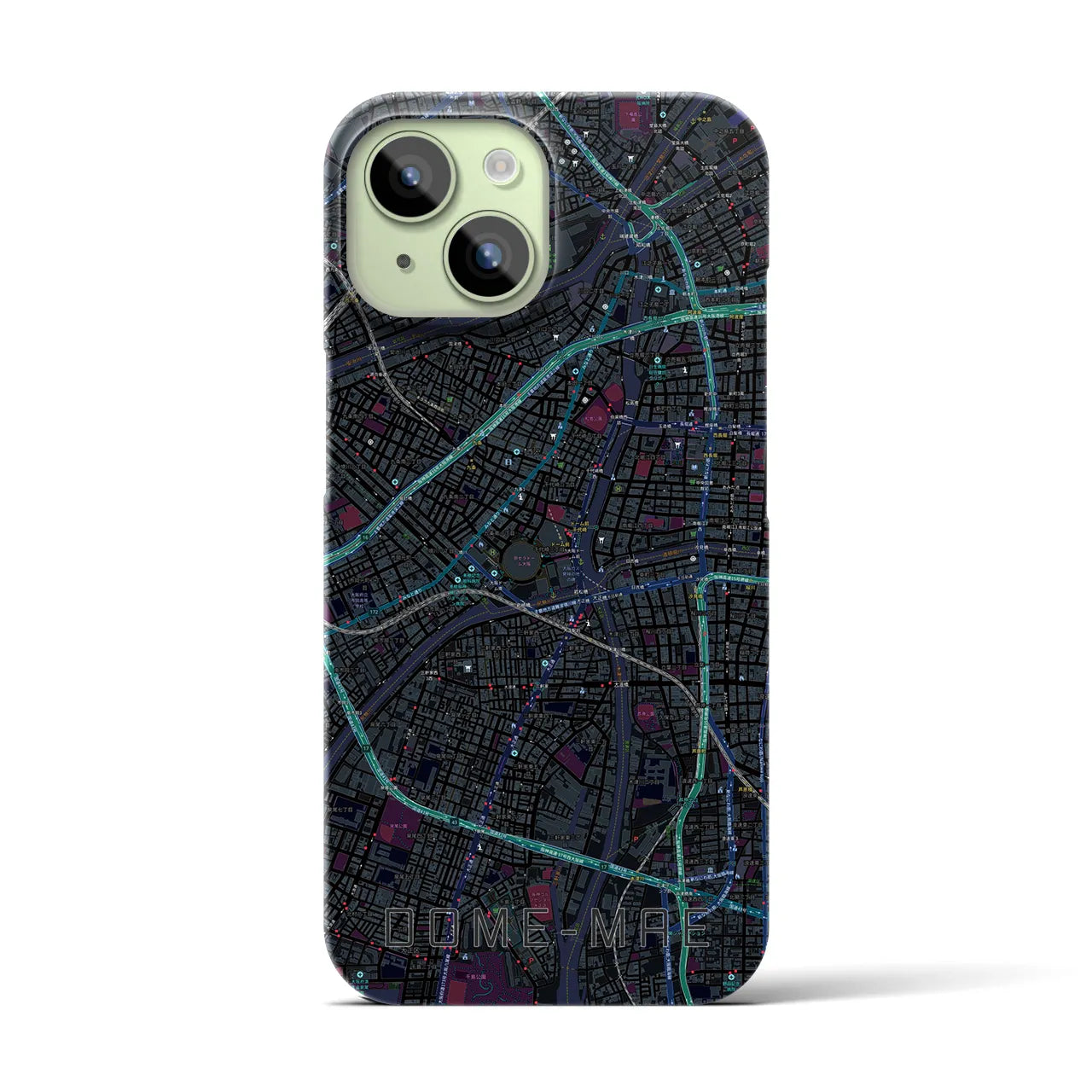 【ドーム前】地図柄iPhoneケース（バックカバータイプ・ブラック）iPhone 15 用