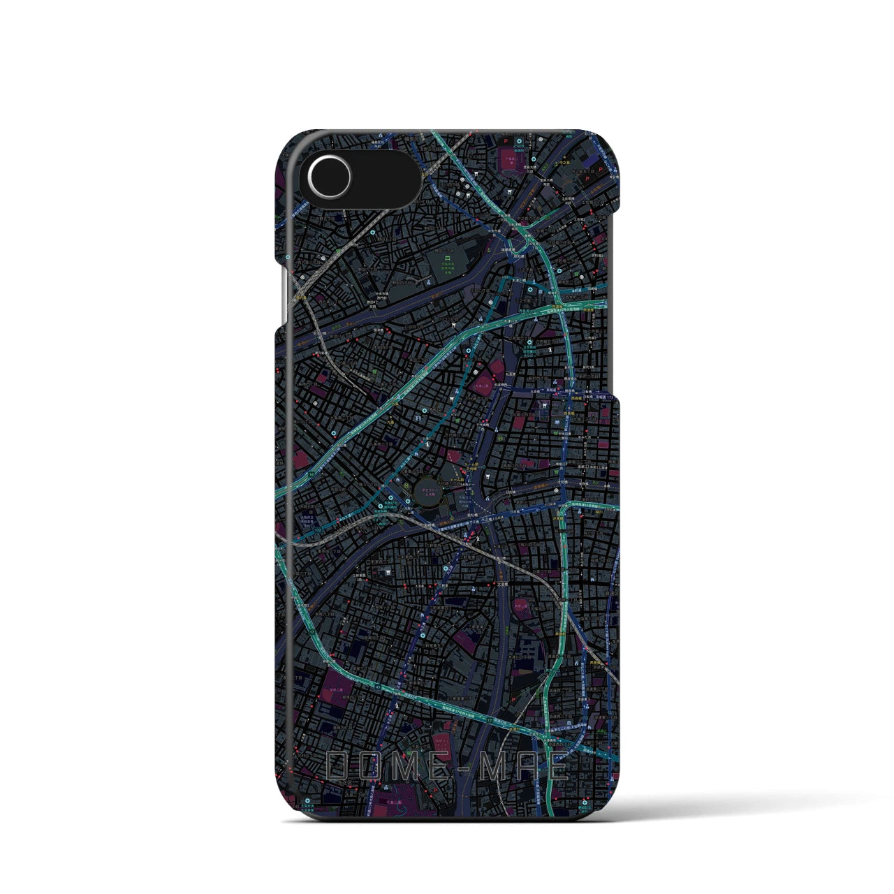 【ドーム前】地図柄iPhoneケース（バックカバータイプ・ブラック）iPhone SE（第3 / 第2世代） / 8 / 7 / 6s / 6 用