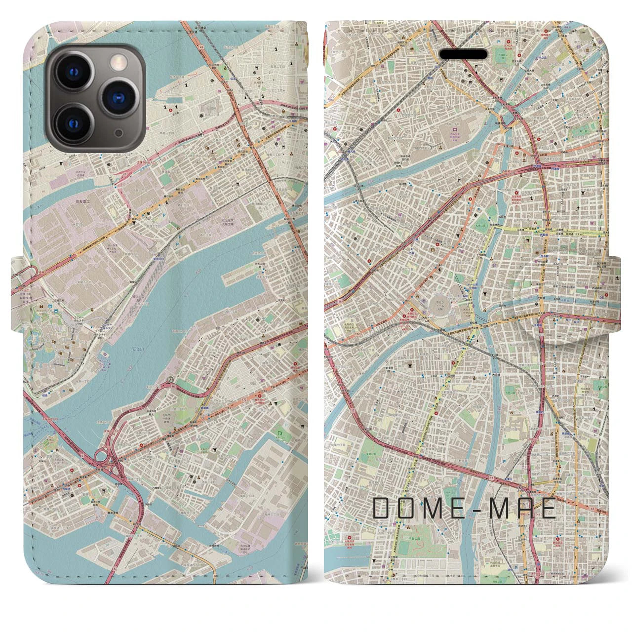 【ドーム前】地図柄iPhoneケース（手帳両面タイプ・ナチュラル）iPhone 11 Pro Max 用