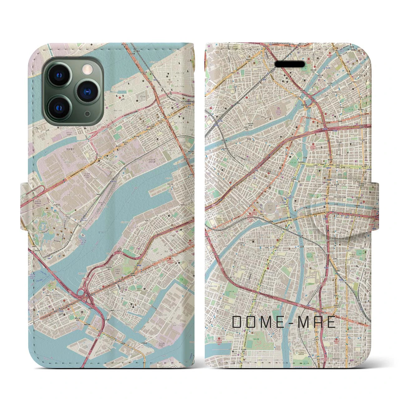 【ドーム前】地図柄iPhoneケース（手帳両面タイプ・ナチュラル）iPhone 11 Pro 用