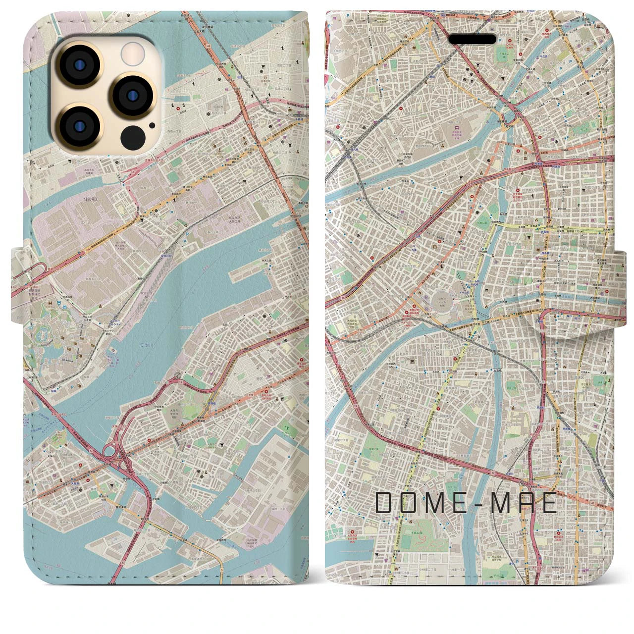 【ドーム前】地図柄iPhoneケース（手帳両面タイプ・ナチュラル）iPhone 12 Pro Max 用