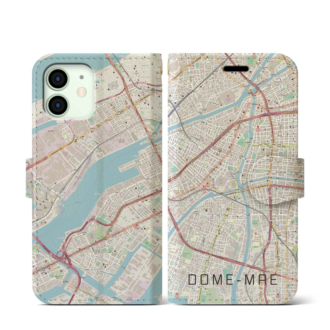 【ドーム前】地図柄iPhoneケース（手帳両面タイプ・ナチュラル）iPhone 12 mini 用