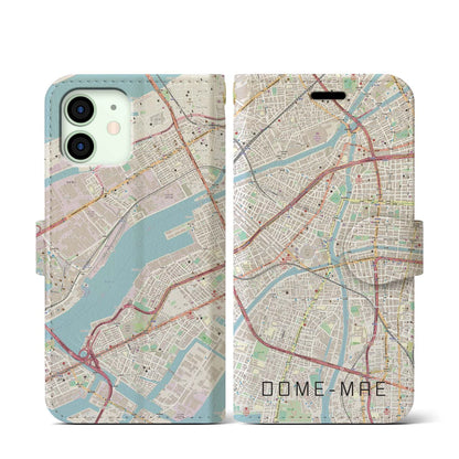 【ドーム前（大阪府）】地図柄iPhoneケース（手帳タイプ）ナチュラル・iPhone 12 mini 用