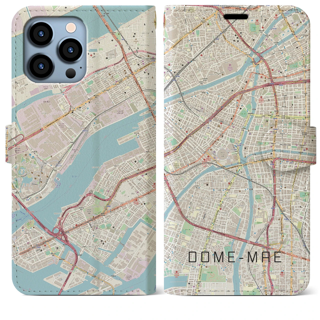 【ドーム前】地図柄iPhoneケース（手帳両面タイプ・ナチュラル）iPhone 13 Pro Max 用