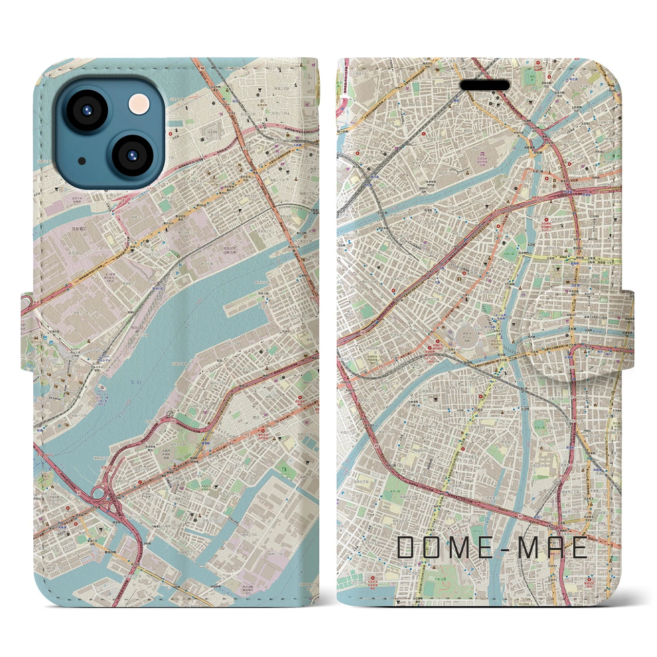 【ドーム前】地図柄iPhoneケース（手帳両面タイプ・ナチュラル）iPhone 13 用