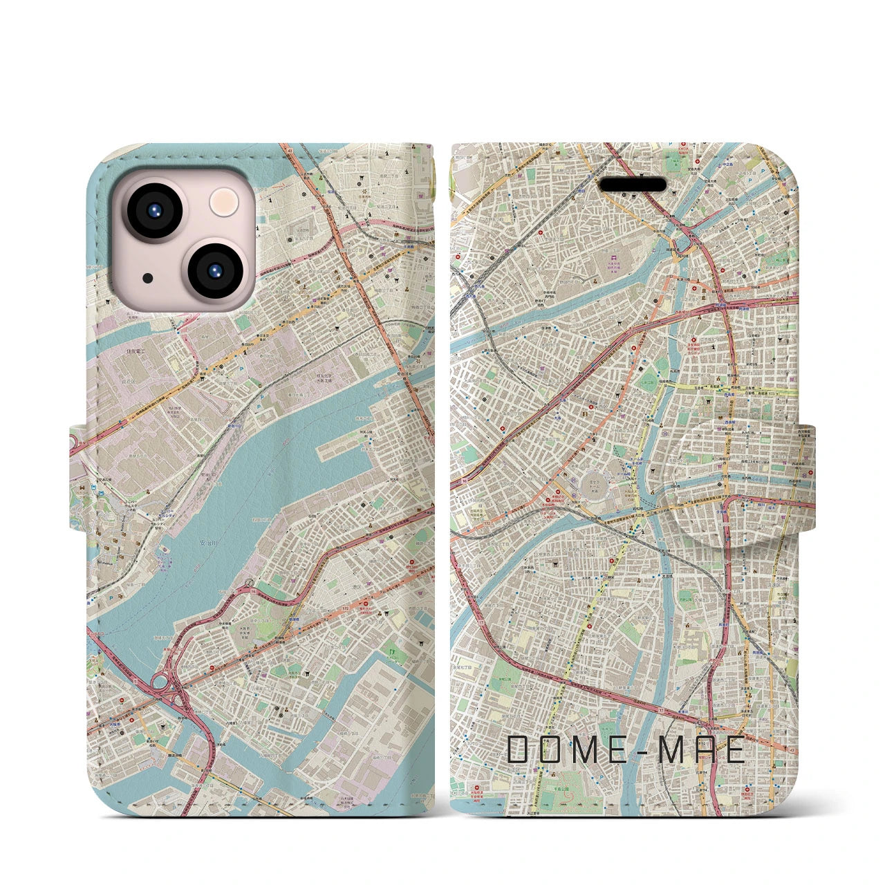 【ドーム前】地図柄iPhoneケース（手帳両面タイプ・ナチュラル）iPhone 13 mini 用