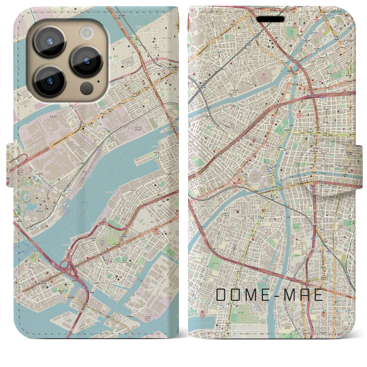 【ドーム前】地図柄iPhoneケース（手帳両面タイプ・ナチュラル）iPhone 14 Pro Max 用