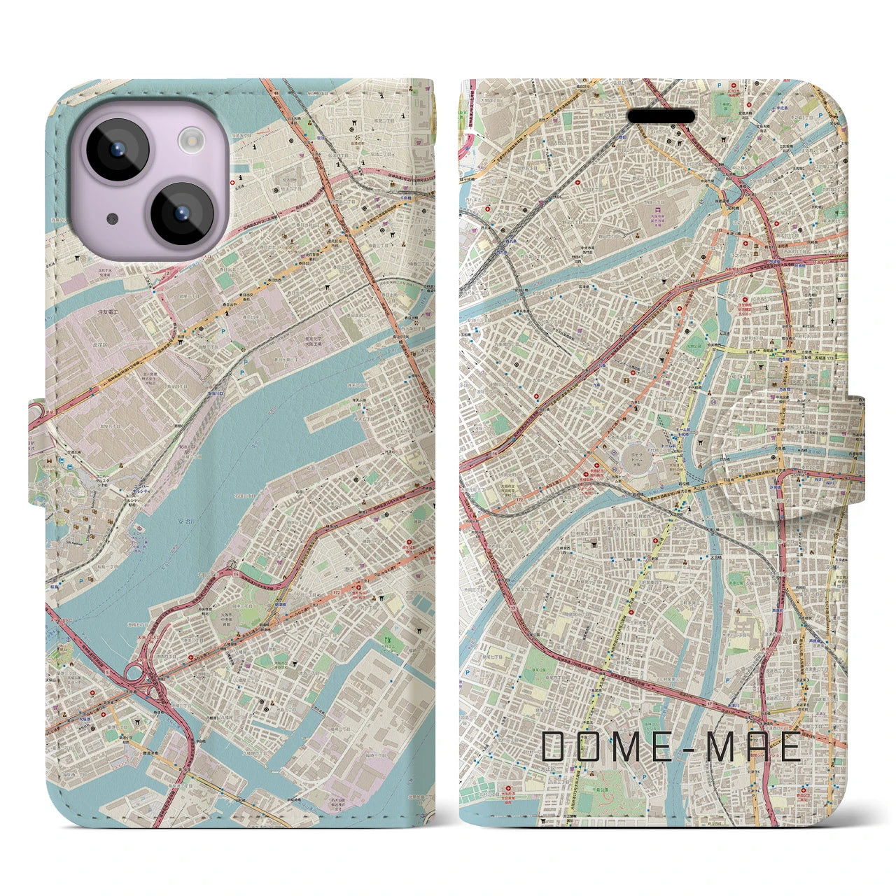 【ドーム前】地図柄iPhoneケース（手帳両面タイプ・ナチュラル）iPhone 14 用