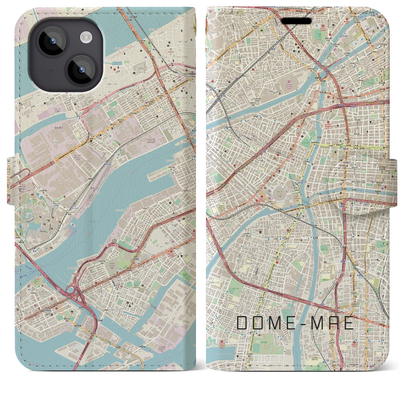 【ドーム前】地図柄iPhoneケース（手帳両面タイプ・ナチュラル）iPhone 14 Plus 用