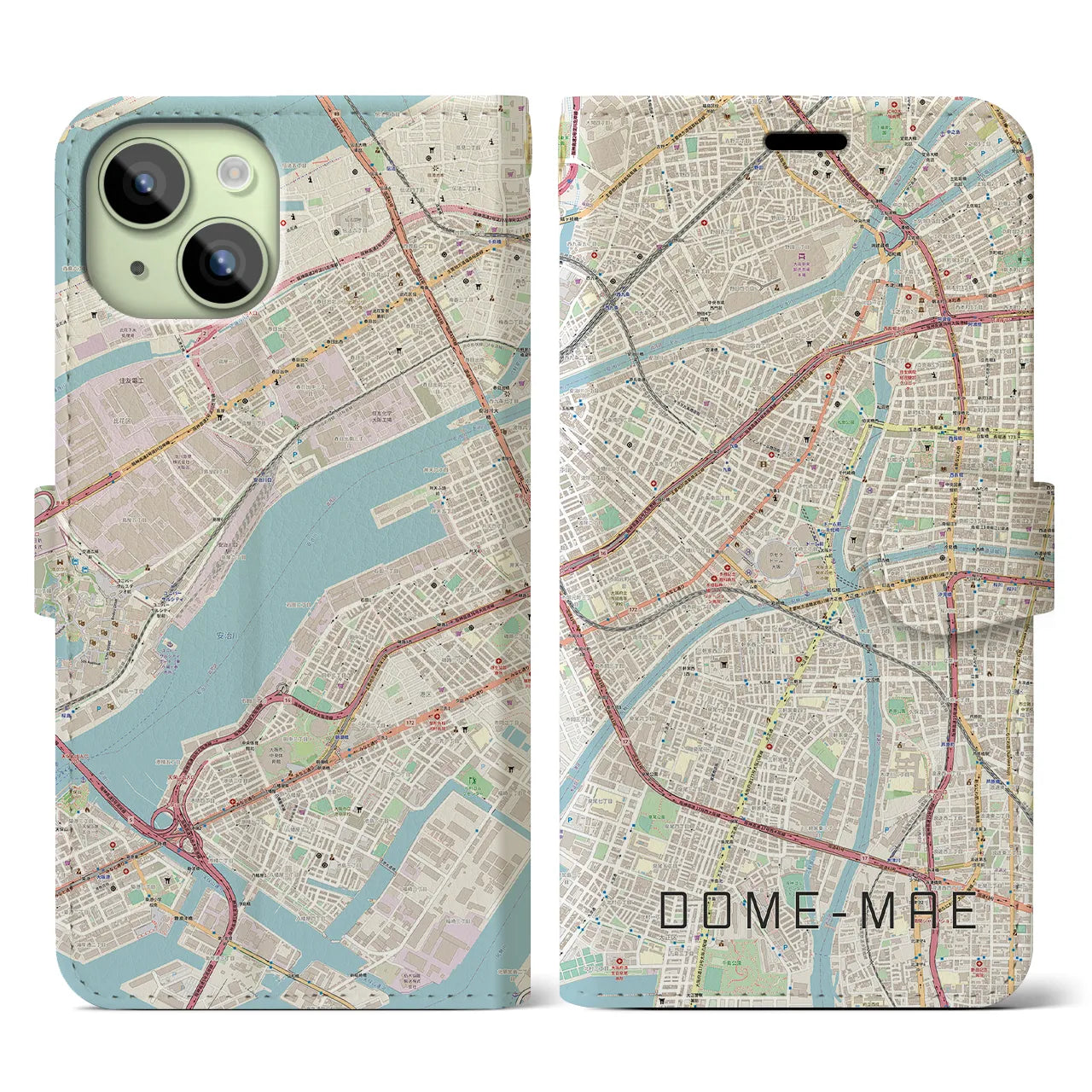 【ドーム前】地図柄iPhoneケース（手帳両面タイプ・ナチュラル）iPhone 15 用