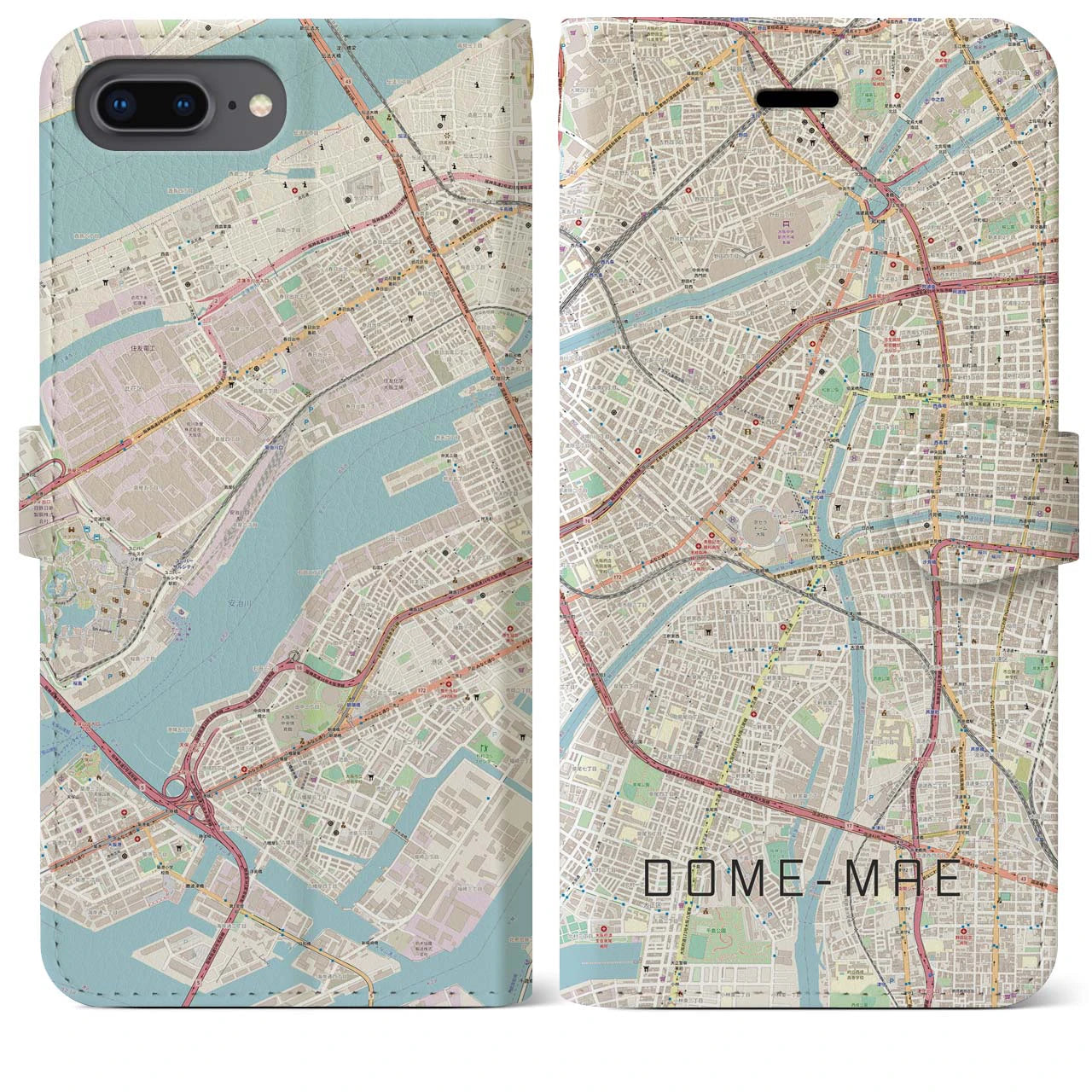 【ドーム前】地図柄iPhoneケース（手帳両面タイプ・ナチュラル）iPhone 8Plus /7Plus / 6sPlus / 6Plus 用