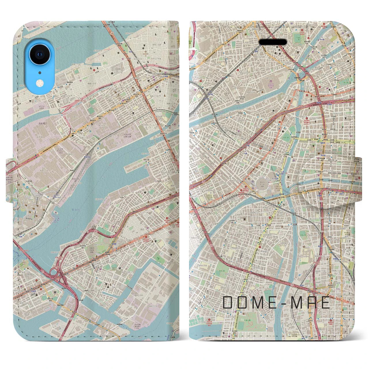 【ドーム前】地図柄iPhoneケース（手帳両面タイプ・ナチュラル）iPhone XR 用