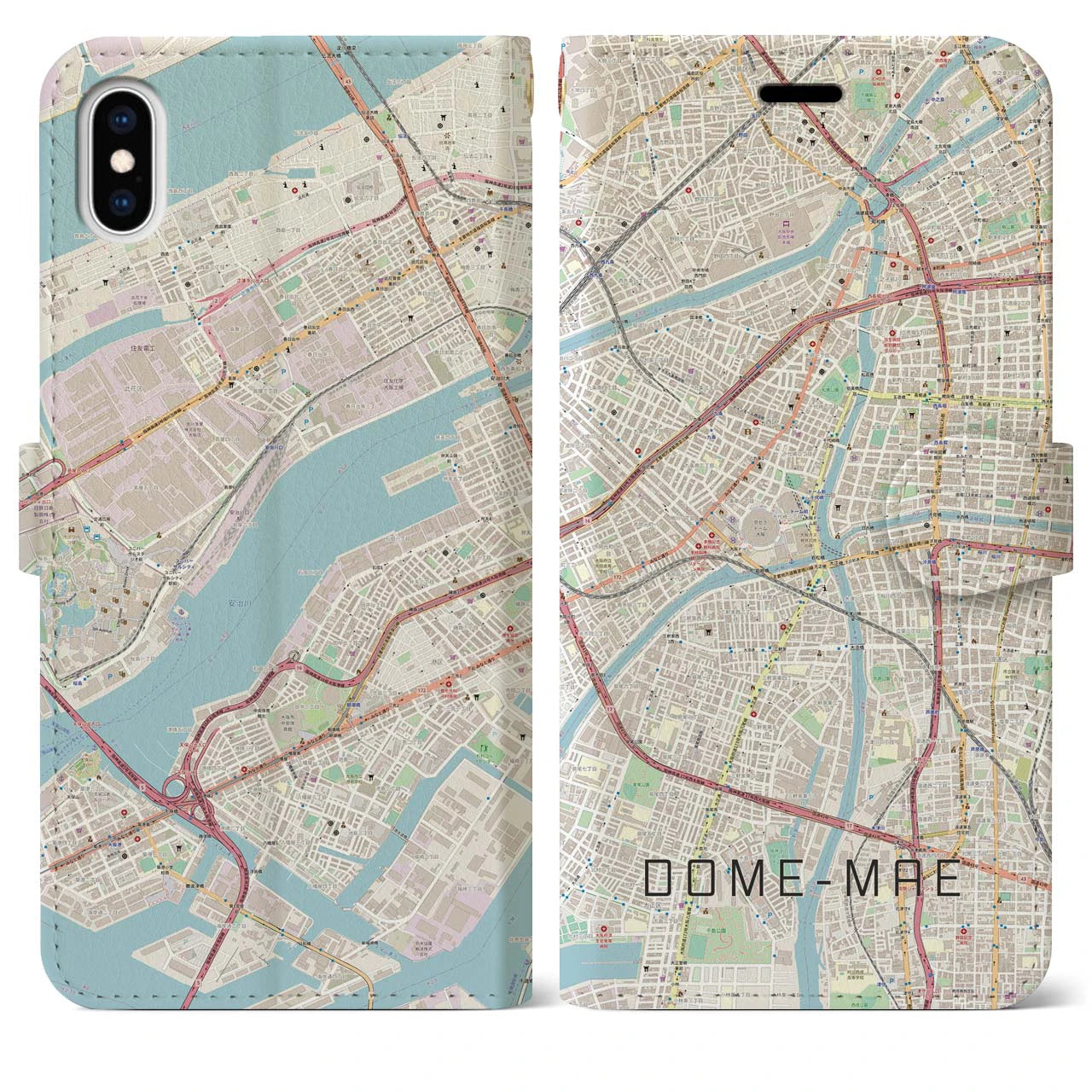 【ドーム前】地図柄iPhoneケース（手帳両面タイプ・ナチュラル）iPhone XS Max 用