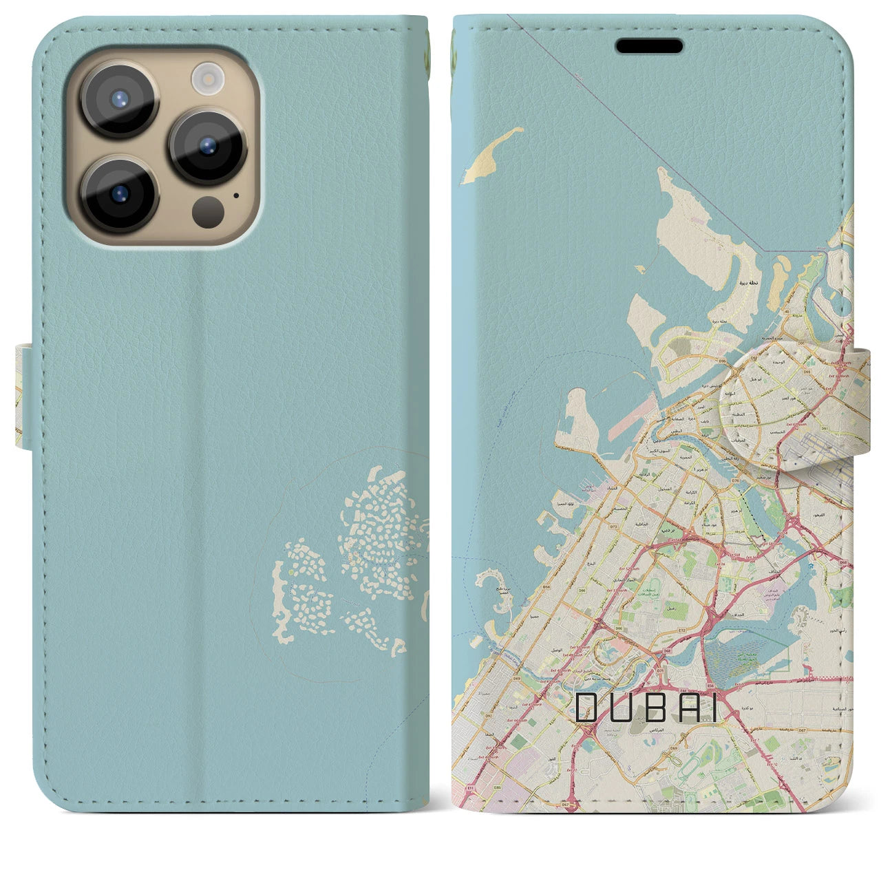 【ドバイ】地図柄iPhoneケース（手帳両面タイプ・ナチュラル）iPhone 14 Pro Max 用