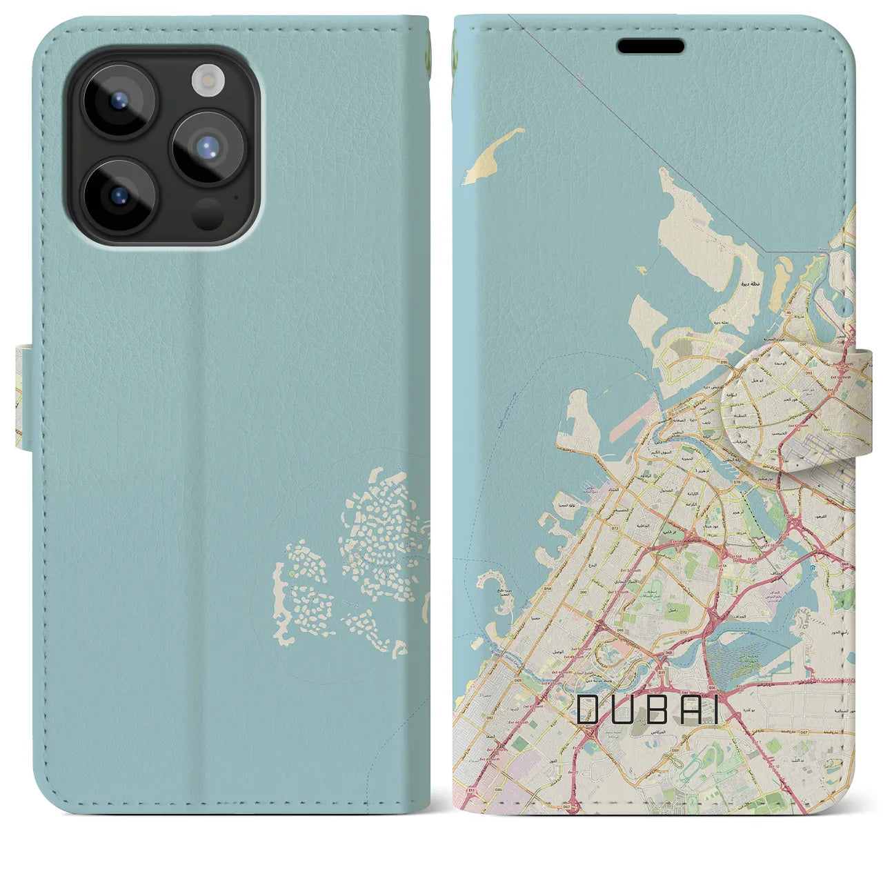 【ドバイ】地図柄iPhoneケース（手帳両面タイプ・ナチュラル）iPhone 15 Pro Max 用