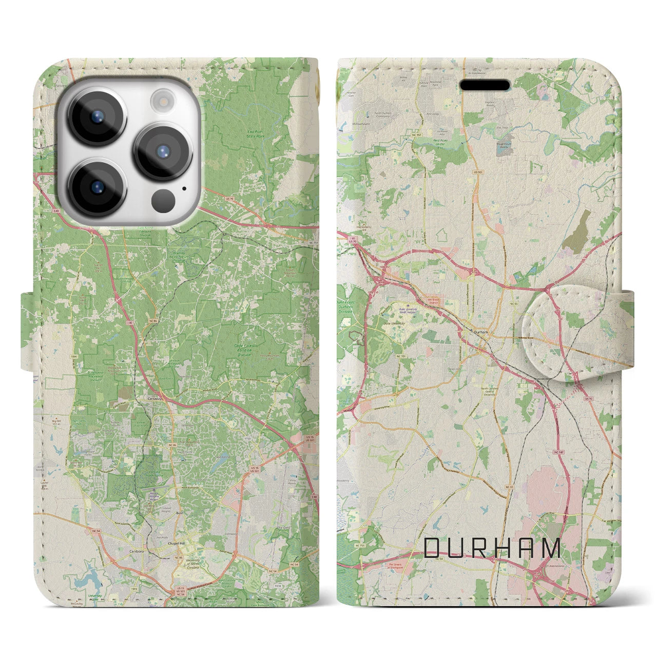 【ダーラム】地図柄iPhoneケース（手帳両面タイプ・ナチュラル）iPhone 14 Pro 用