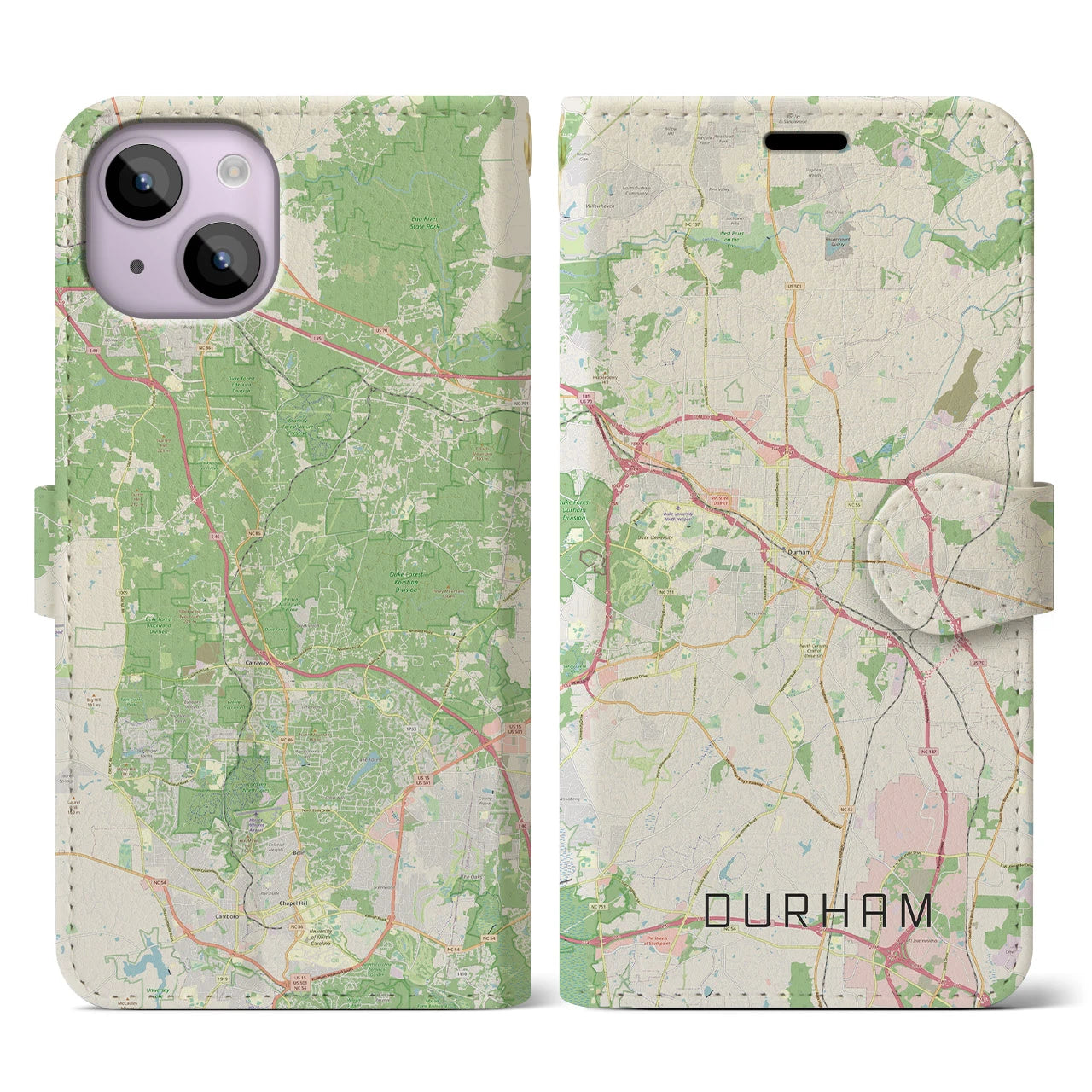 【ダーラム】地図柄iPhoneケース（手帳両面タイプ・ナチュラル）iPhone 14 用