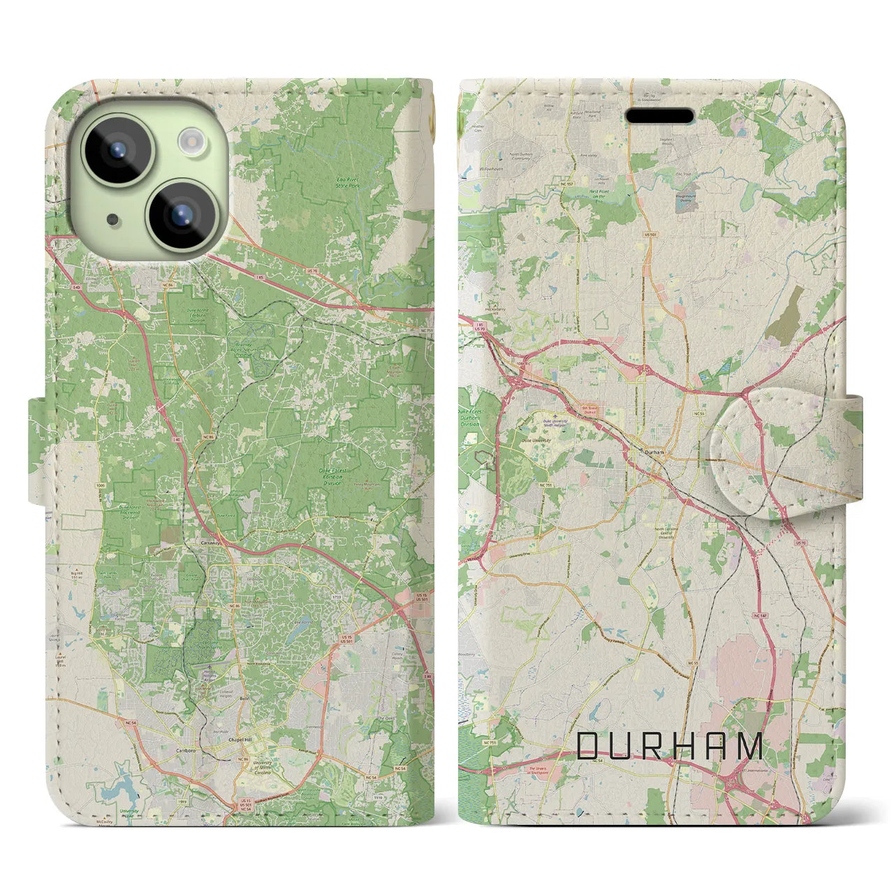 【ダーラム】地図柄iPhoneケース（手帳両面タイプ・ナチュラル）iPhone 15 用