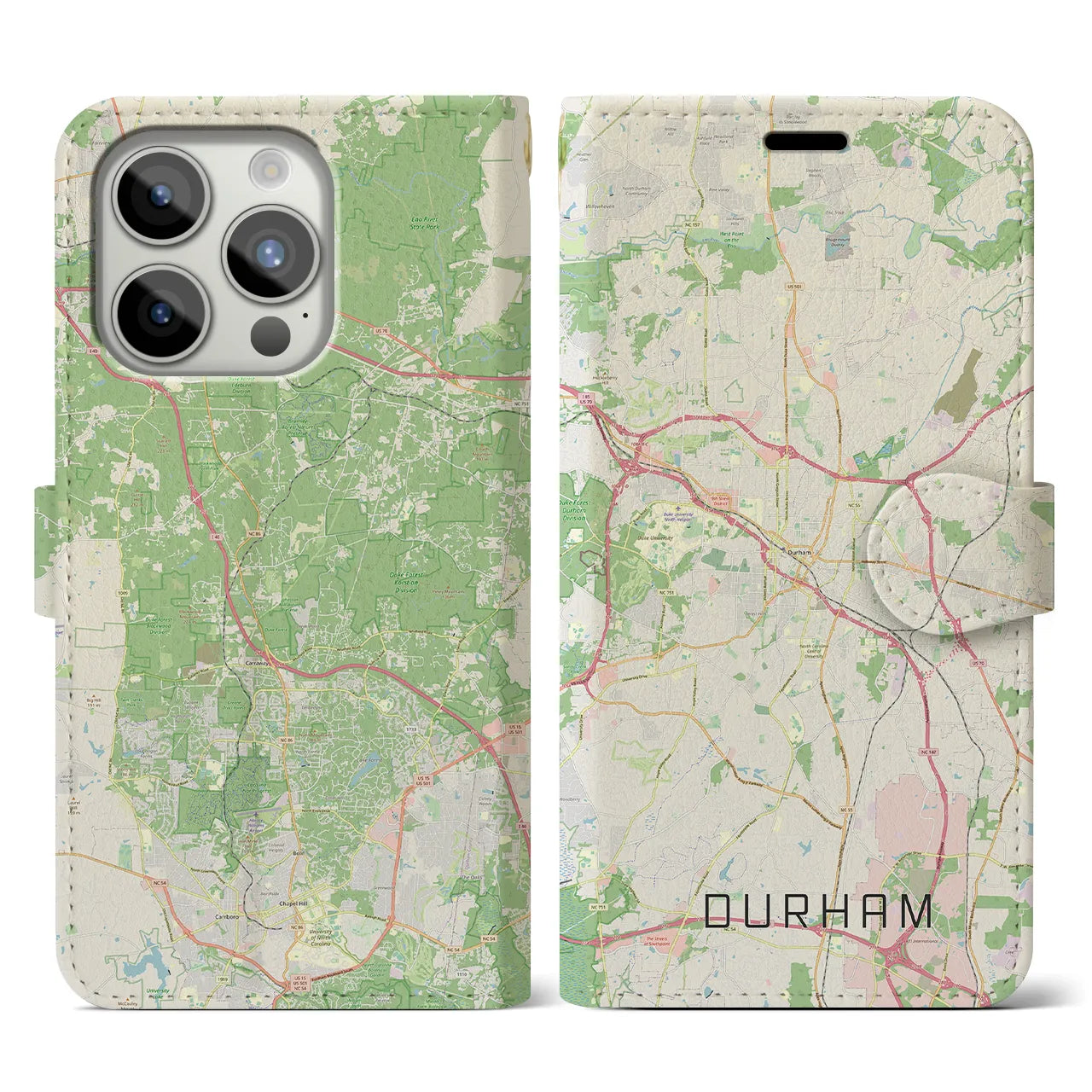 【ダーラム】地図柄iPhoneケース（手帳両面タイプ・ナチュラル）iPhone 15 Pro 用