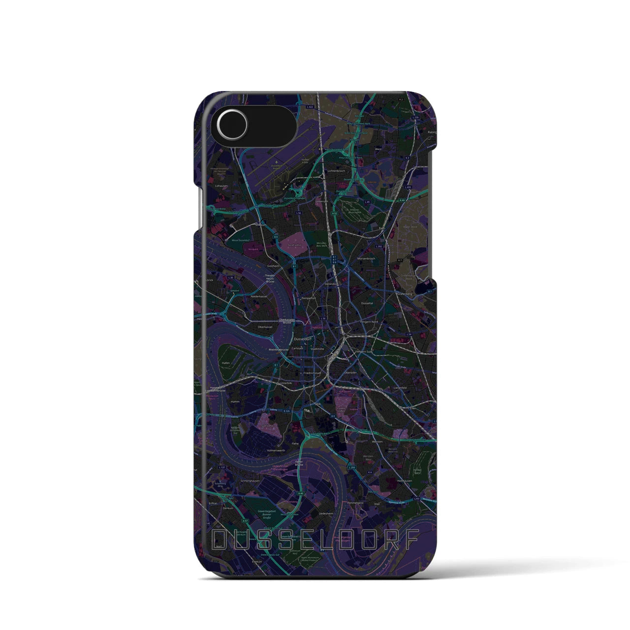 【デュッセルドルフ】地図柄iPhoneケース（バックカバータイプ・ブラック）iPhone SE（第3 / 第2世代） / 8 / 7 / 6s / 6 用